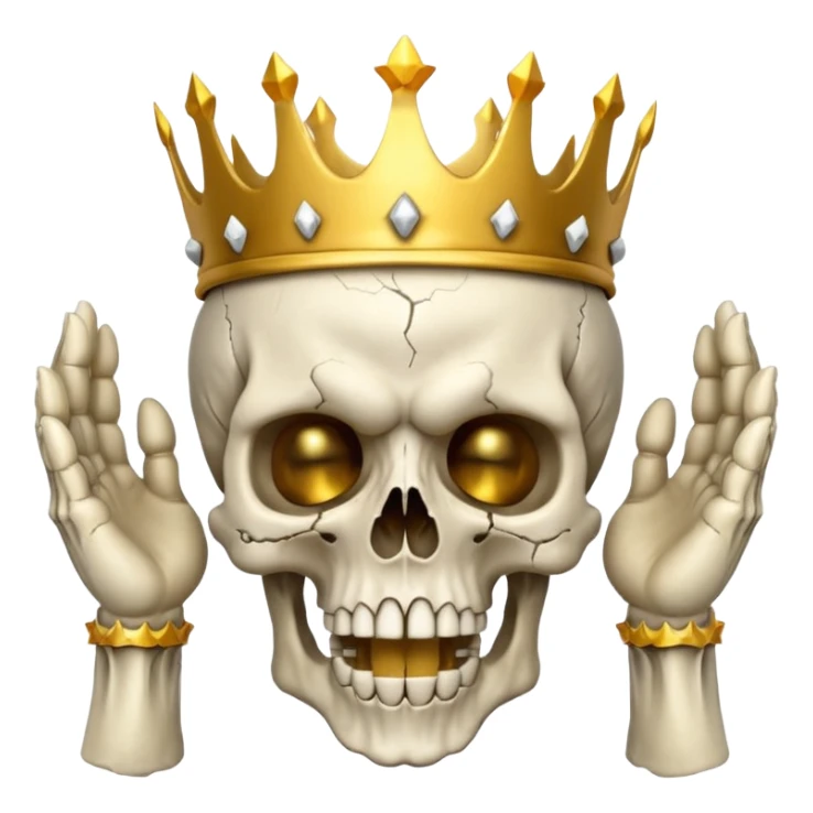 Demonic 3D skull holding its head by its two hand in shock, mouth open, wearing a golden crown, horror vibe sticker