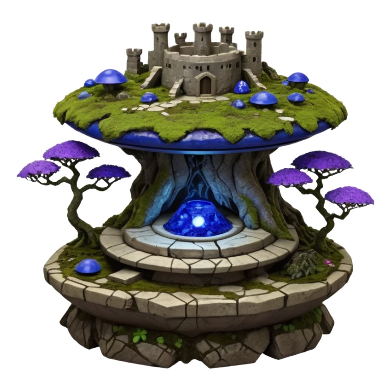  Ancient alien saucer-castle jungle winding trail mountainside getaway haunted nighttime landscape antique mudman very old broken cracked intricately detailed Stone Age lapis-crusted irregular dodecagon-shaped shallow dark moss rough bark violet flowered maple bonsai Saikei coffee table-sized pot  sticker