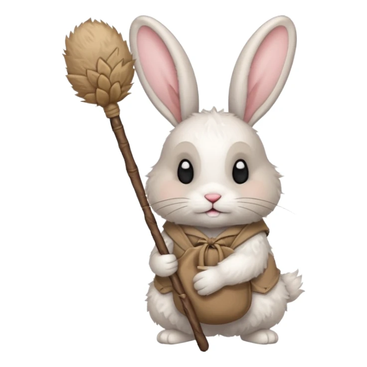 A fluffy rabbit with messy fur, carrying a patched little pouch tied to a stick, ears drooping but expression soft.
 sticker
