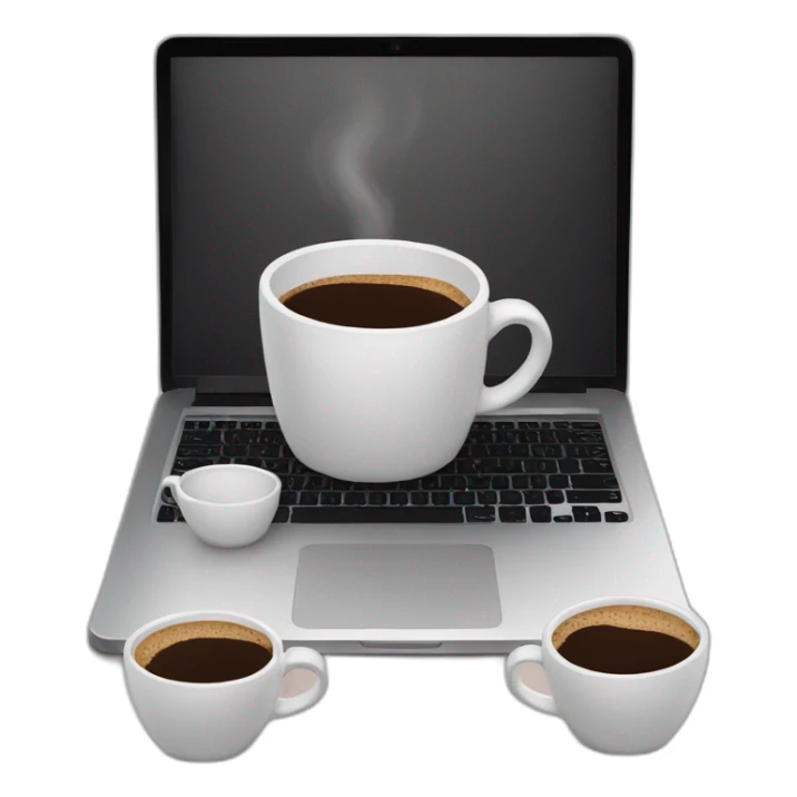 pile of coffee cups behind a laptop sticker