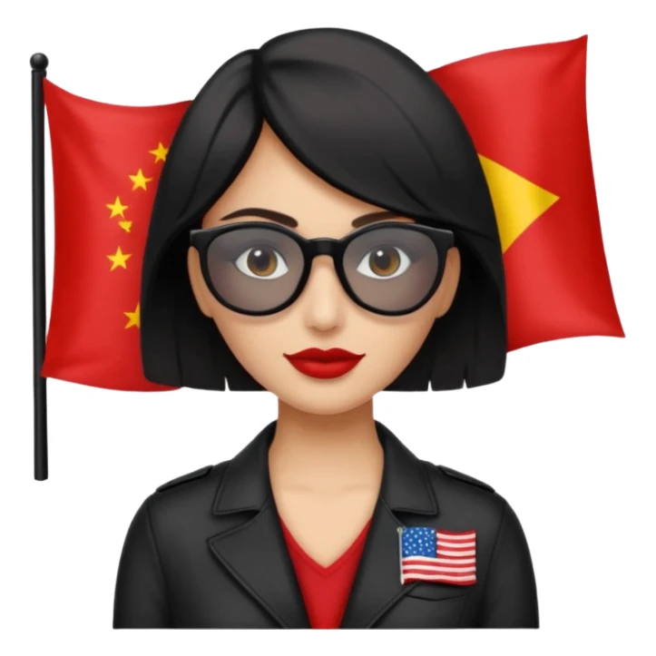 Una mujer morena (de pelo)  con una coleta de color negro) y gafas de sol de color negro y una bandera roja en la mano sticker