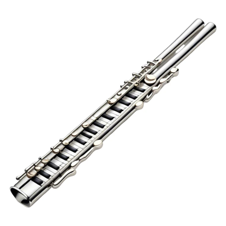 Cinematic Realistic Flute, polished silver metal with precise keywork, soft reflections of warm light dancing along its length, a musician’s delicate fingers pressing the keys, glowing with a sleek and elegant charm. sticker