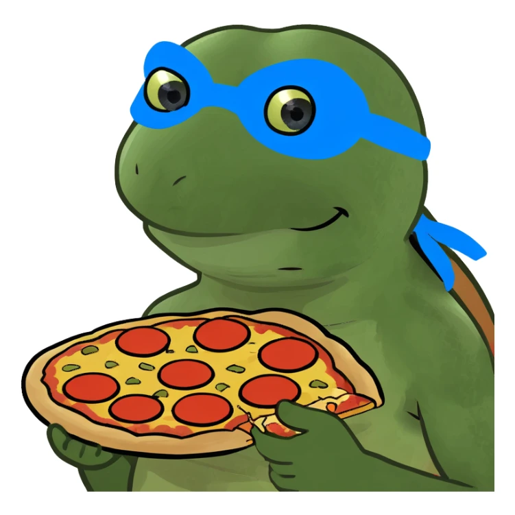 ninja turtle wearing blue eye mask with pizza sticker