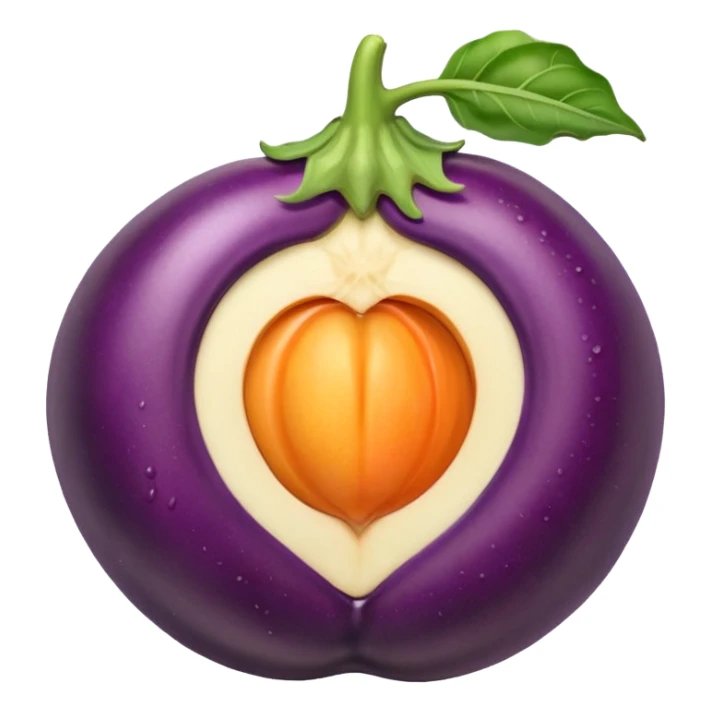 Eggplant with white liquid coming out the top being inserted into a peach sticker