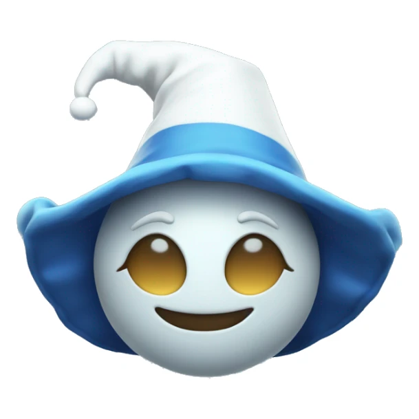 Moondrop a blue and white jester animatronic with a moon-shaped face and a sleeping cap sticker
