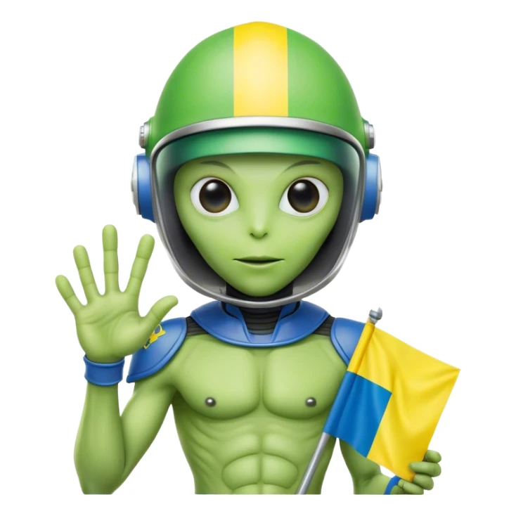Green alien in helmet, with Ukraine flag in a hand sticker