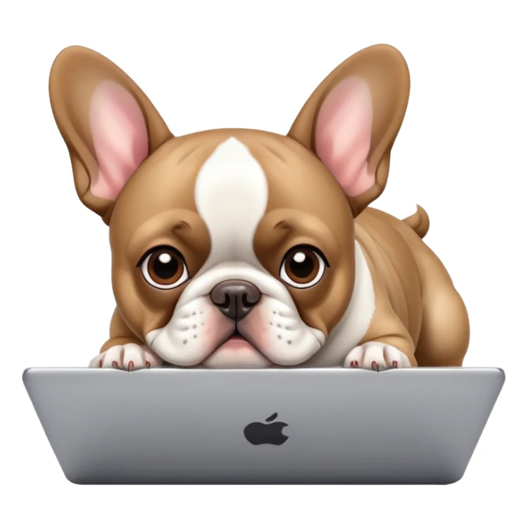 French bulldog behind laptop working sticker