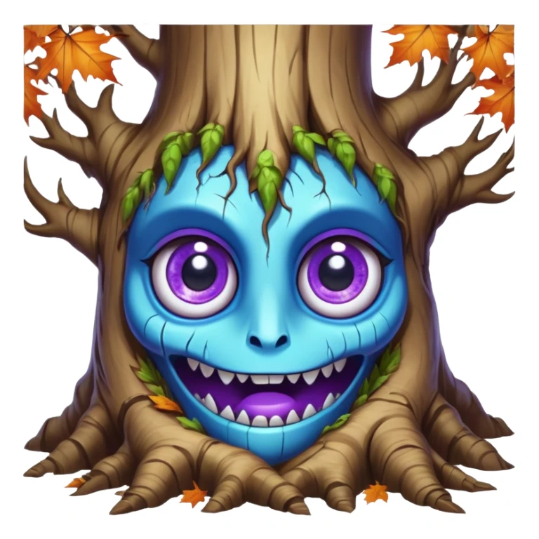 An ancient, psychic tree evolves by absorbing the essence of fallen autumn spirits, sprouting a radiant, maple-crowned face that channels both forest wisdom and fiery seasonal magic through its gnarled. Purple eyes, blue eyes sharp teeth, bark wood skin, heterochromatic eyes sticker