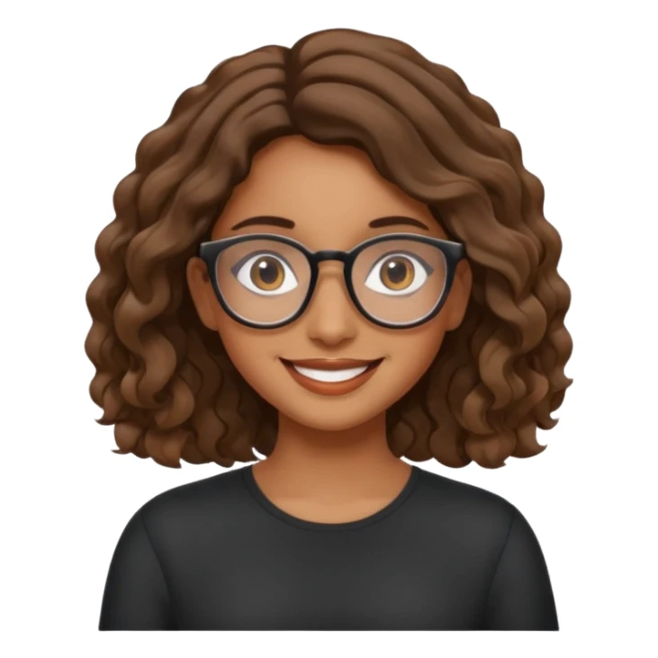 brown girl with wavy  shoulder length hair. glasses, sticker