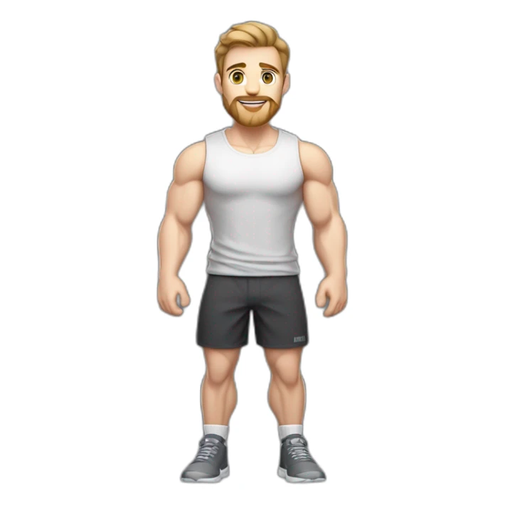 Full height Pale skinned fit man With biceps, Realistic eyes and mouth, light brown hair and stubble In dark gray sleeveless mike, black oversize sports shorts, watch and white sneakers. sticker