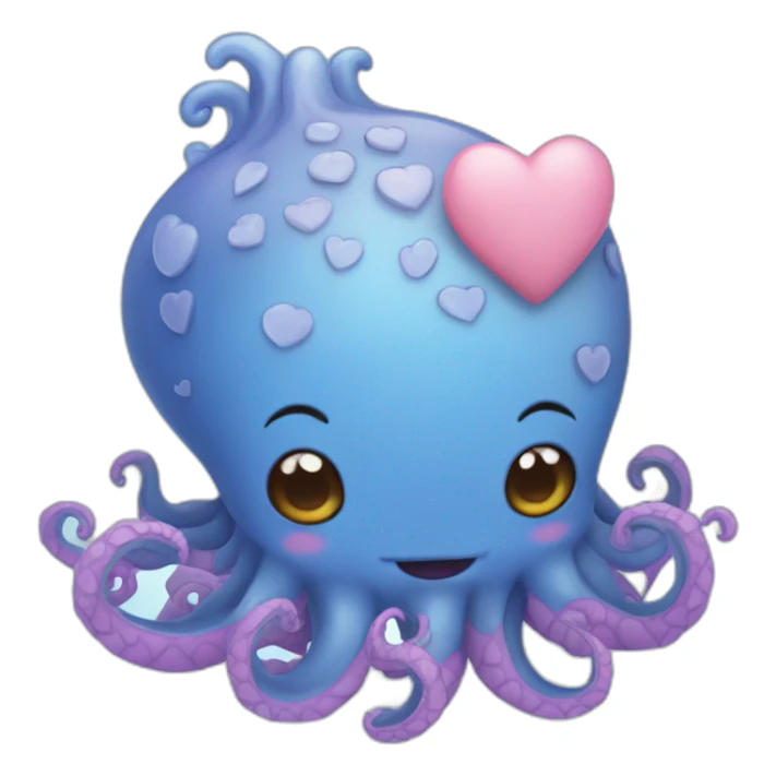cute blue kraken with adorable face with many hearts around sticker