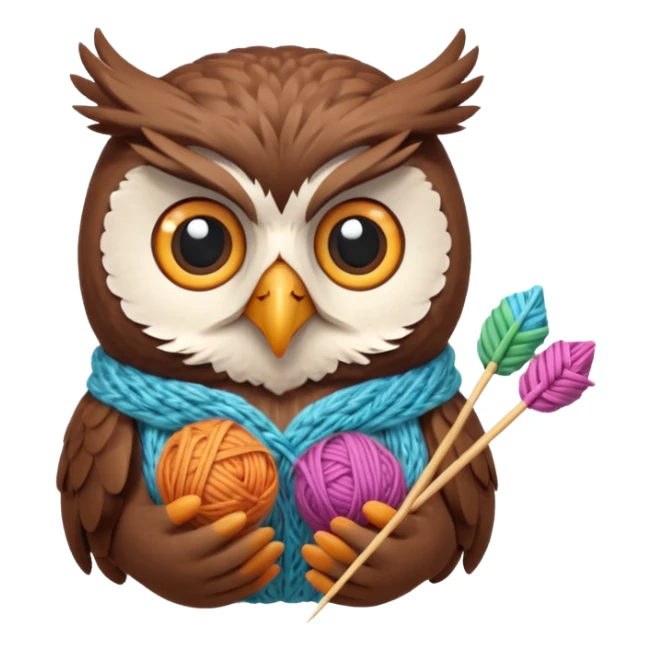 knitting owl portrait, head and shoulders only, cute owl holding knitting needles and yarn, cozy expression, warm handmade vibe, soft feathers, 3D cartoon style, mobile game icon style, clean background, no text, no watermark
 sticker
