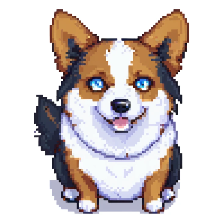 pixel art anthropomorphic corgi, black fur, white underbelly, heterochromia one brown one blue eye, scared look sticker