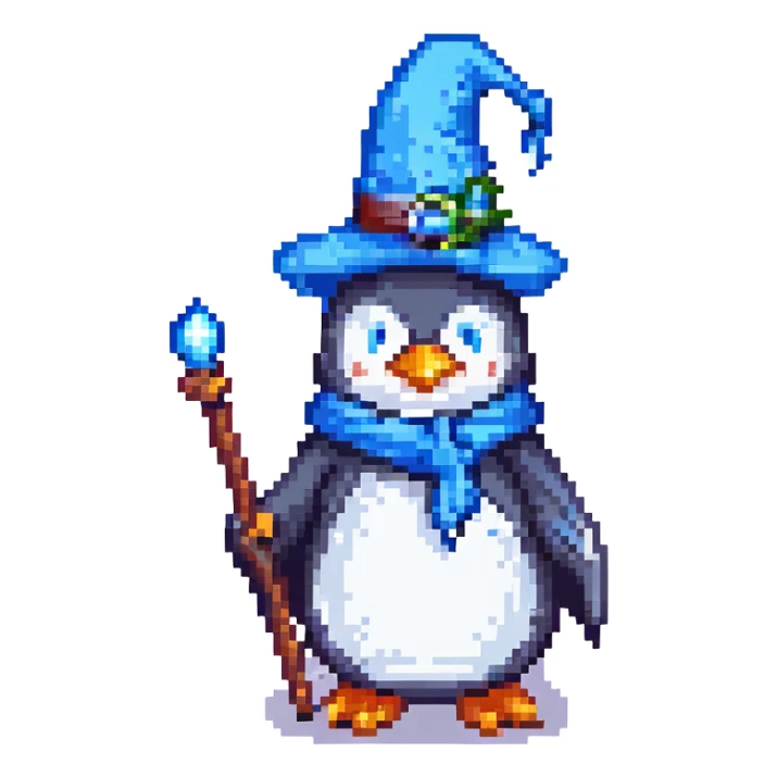 pixel art penguin wizard with a blue hat and staff sticker