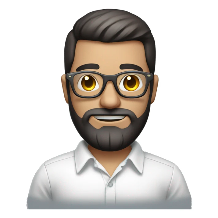 Emoji man with beard holding macbook in hands wearing transparent glasses and shirt, profession - graphic designer. Features: white skin, weight 100 kg, dark hair, age 21 years, earring in left ear sticker