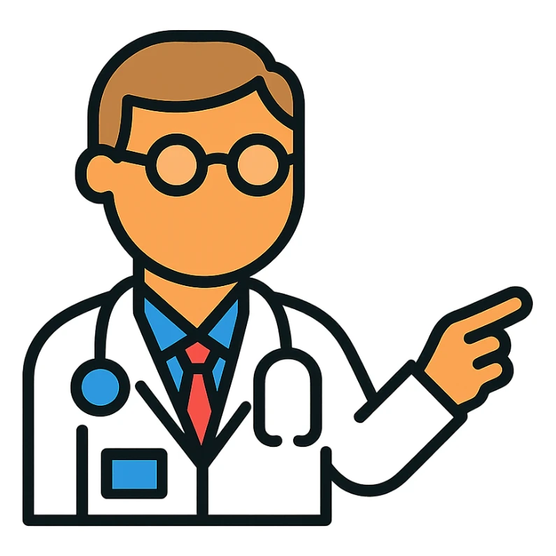 doctor pointing, modern flat icon, minimal details, blue accents sticker