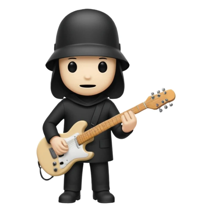 Minimalist chibi emoji of Buckethead: tiny body, oversized bucket helmet, simple black clothes, holding a guitar, spooky-cool but adorable sticker