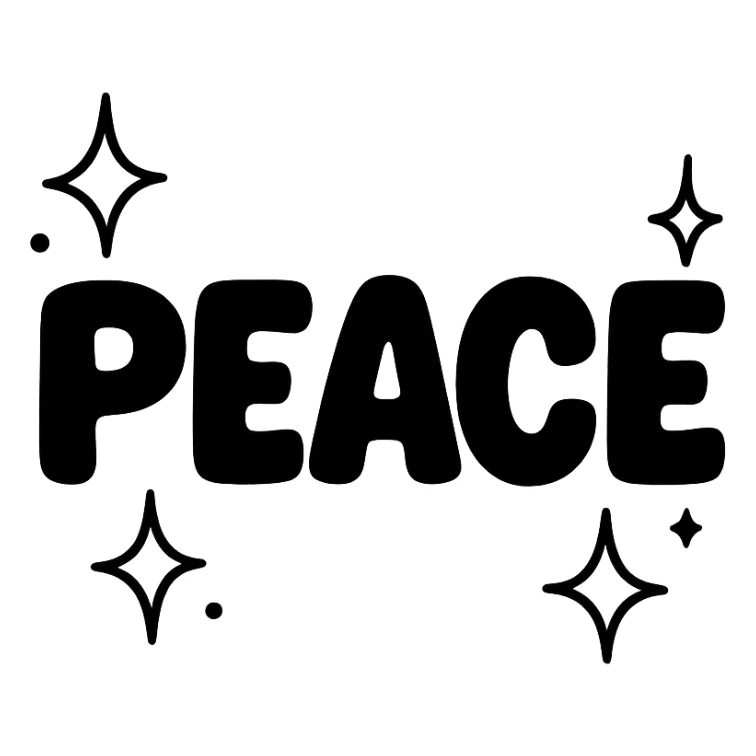 the word 'peace' in bold, playful letters with sparkles, no background sticker