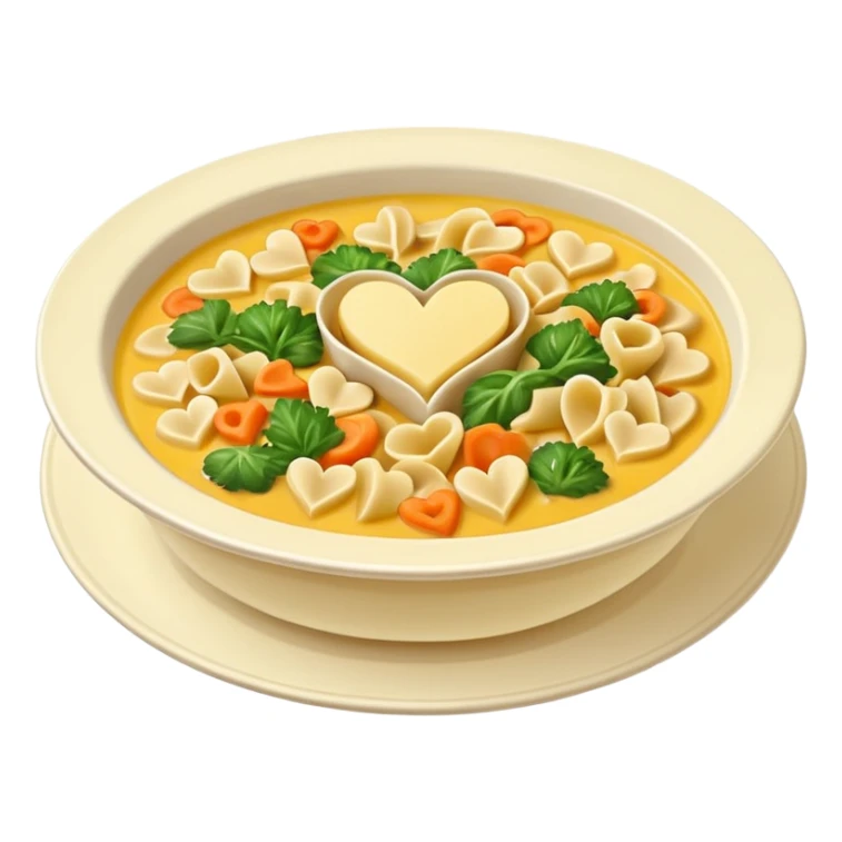 yellowish vegetable soup topped with heart-shaped pasta in a white plate sticker
