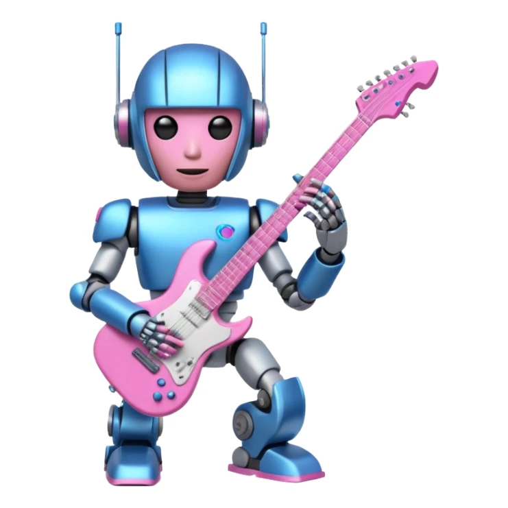 a cyper robot carry her note and electric guitar and try to change the world with pink and bluecolor sticker