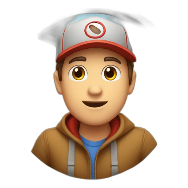 Guy with brown hair and short, eyes with a cap that is behind a circle window that try to exit with a hand on the top of cornice sticker