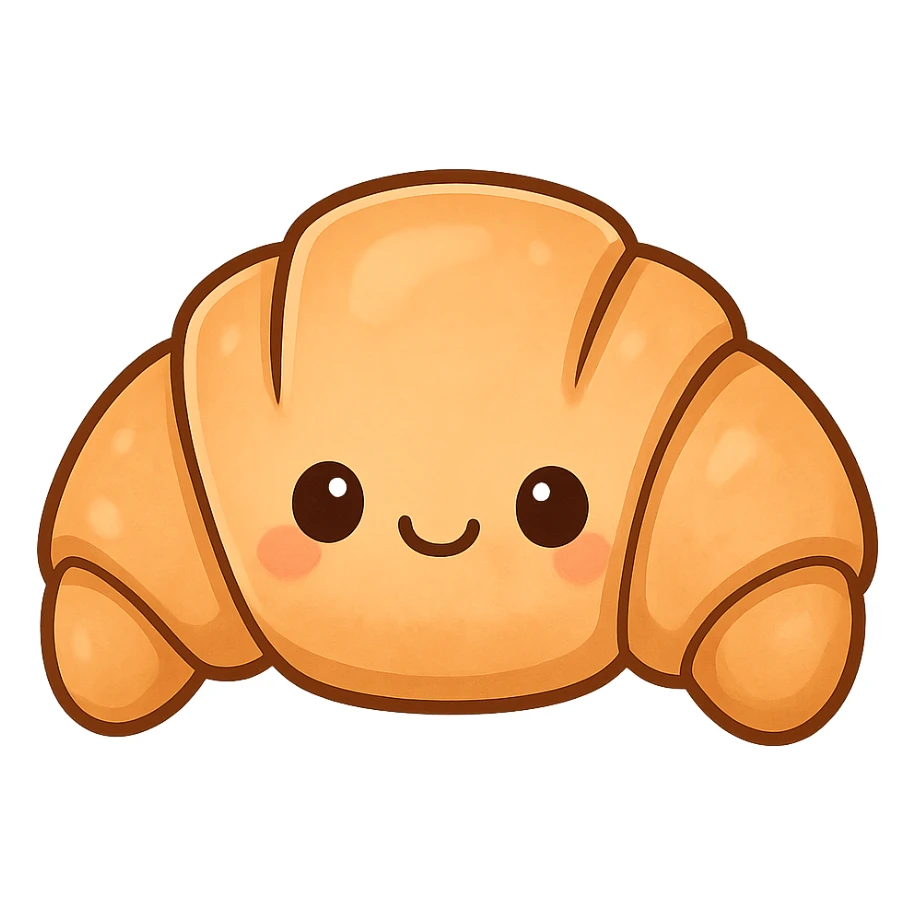 chibi sticker-style croissant with a smiling face, cute and exaggerated sticker