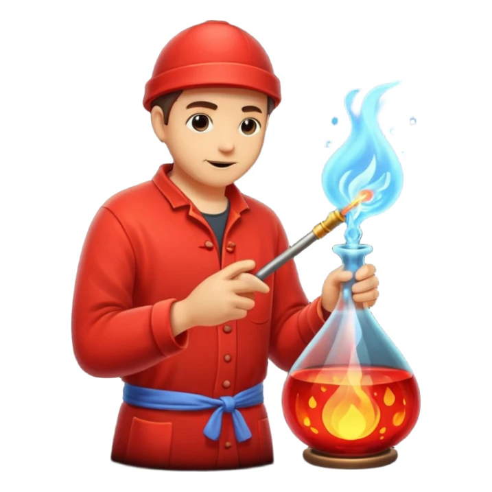 Glassblowing and casting icon, artisan shaping molten glass with a blowpipe, glass being poured into a mold, glowing red-hot glass, delicate patterns, minimalistic style, clean lines, transparent background. sticker