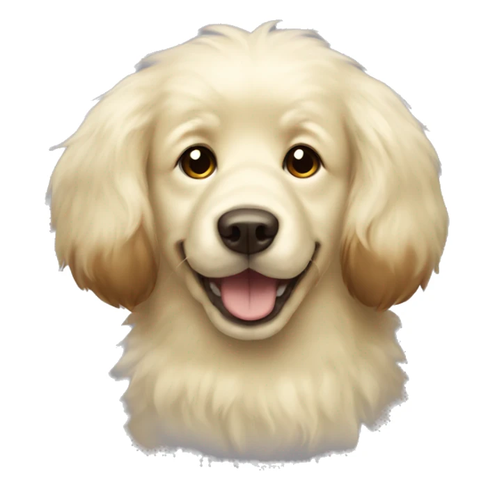 Fluffy light yellow dog with big dark brown ears and nose sticker