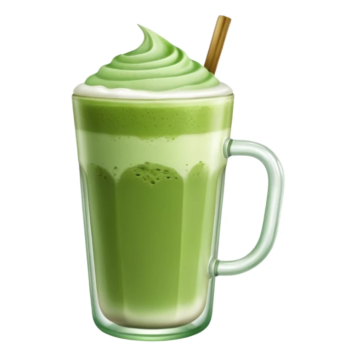transparent glass filled with matcha latte, visible green color and foam sticker
