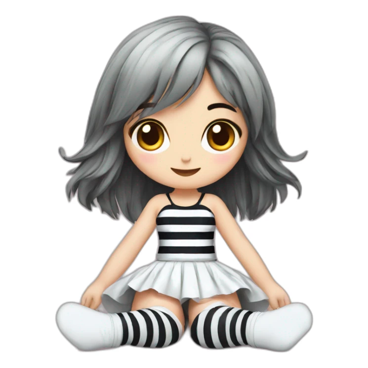 Frontal view curvy emo girl sits white skirt striped stockings hands up sticker