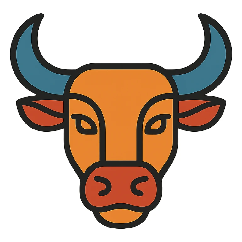 stylized ox head icon, large horns, curved snout, strong jaw, modern icon style sticker
