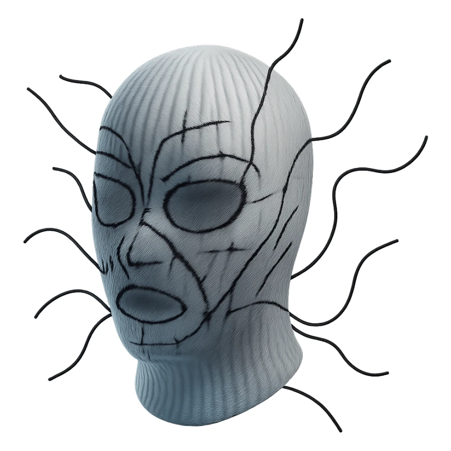 The mask is a full-head, white knitted balaclava with a tight ribbed texture. It features two asymmetrical eye openings and a partially exposed mouth area. Black thread is stitched across the surface in chaotic, abstract lines that trace facial features, giving a hand-drawn effect. Several black cords extend outward from the mask, varying in length and direction, adding a sculptural, almost organic appearance. The overall look is bold, handcrafted, and visually striking. sticker