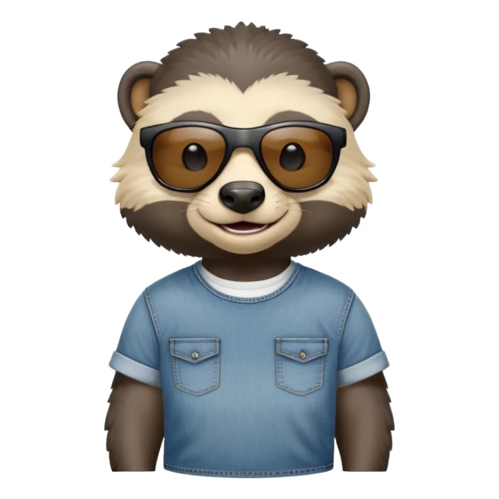 friendly anthropomorphised honey badger in jeans and a t-shirt, wearing sunglasses, head and shoulders view, smiling sticker