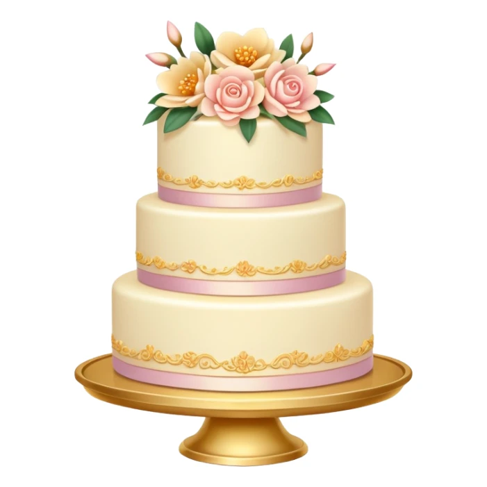 Romantic pastel wedding cake with warm-colored flowers on a gold plate sticker