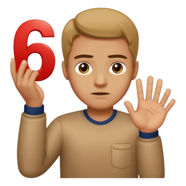 man frowning holding up numbers 6 in left hand and 7 in right hand sticker