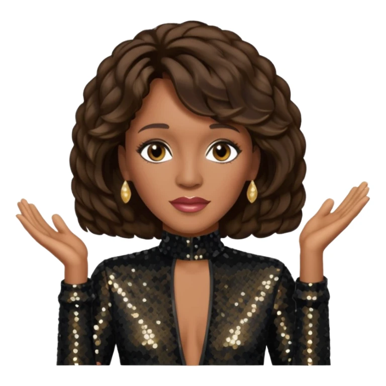 Whitney Houston with dark brown hair, black sequin jumpsuit sticker