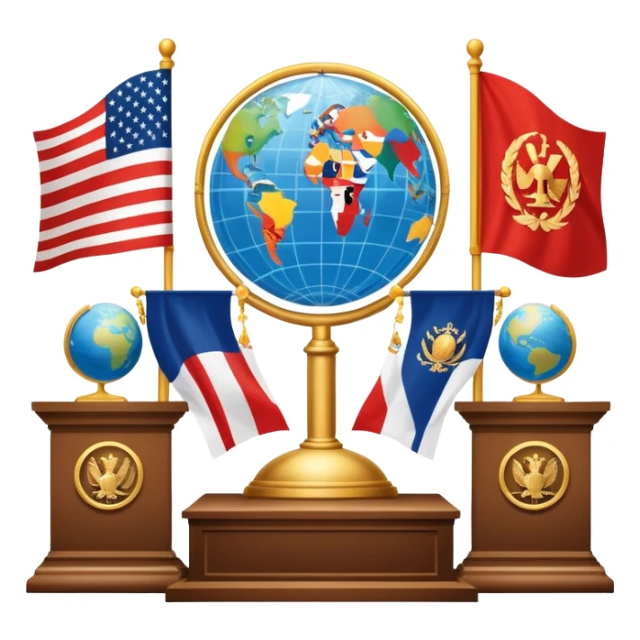An icon featuring a podium with a speaker, national flags, and voting ballots, symbolizing political science. The design includes a globe and scales of justice in the background, representing governance, global affairs, and political theory. Transparent background emphasizes civic engagement sticker
