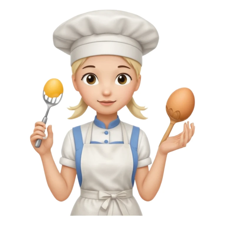 Young female pastry chef - ponytail, apron, wearing a white hat, holding an egg beater in her right hand, and naturally hanging her left hand to her side sticker