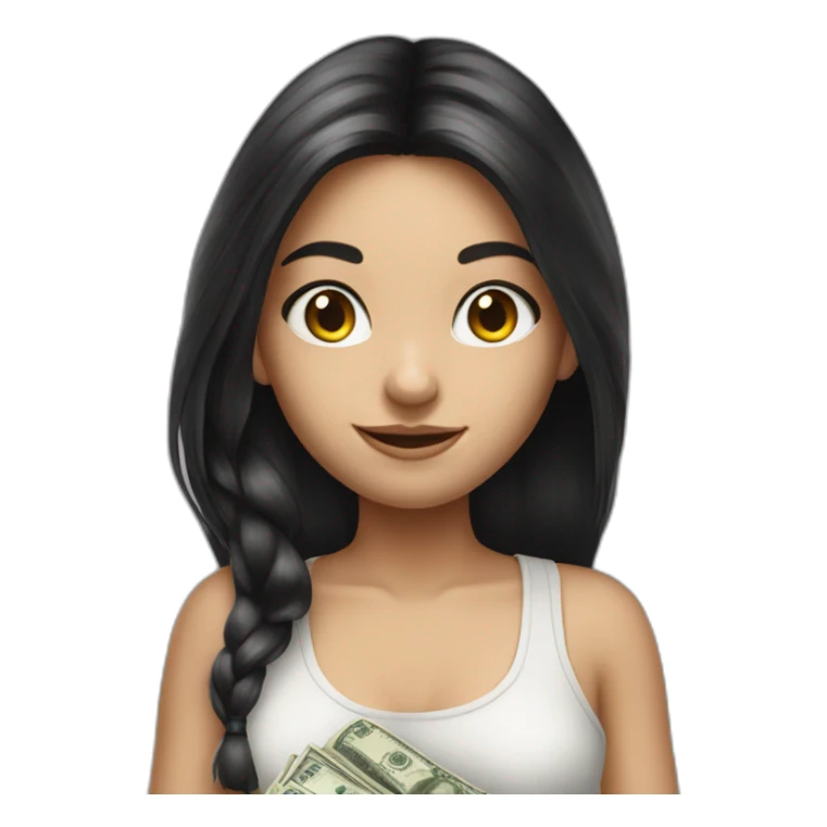 hyperrealist caucasian girl black long hair holding money sticker