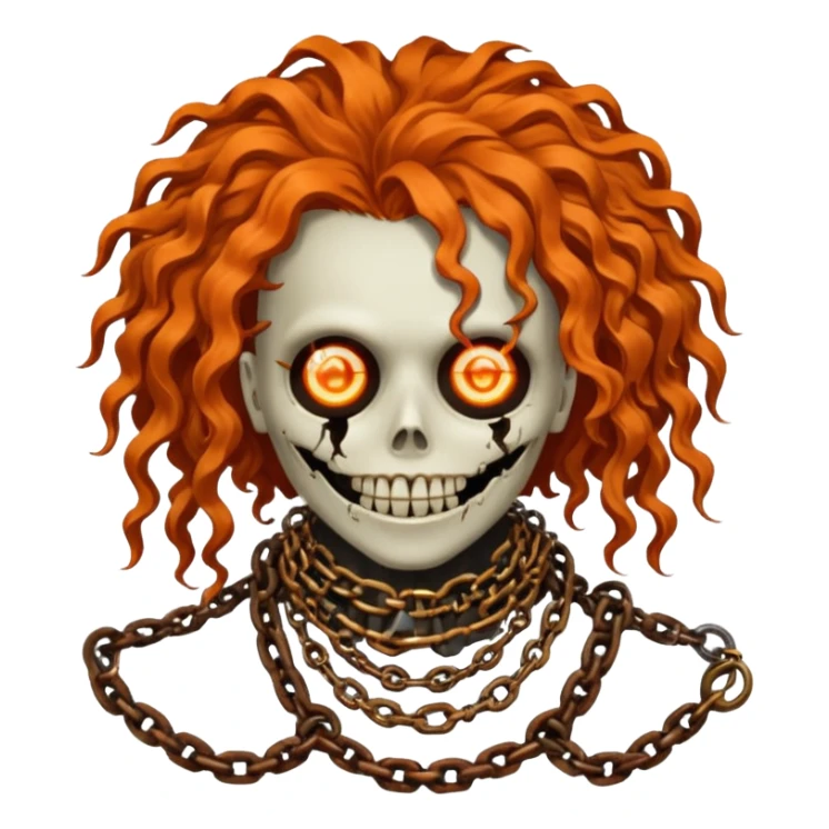 steam-punk Megadeth - iconic corpse made of rusty metal with chains on its teeth, huge curly orange hair sticker