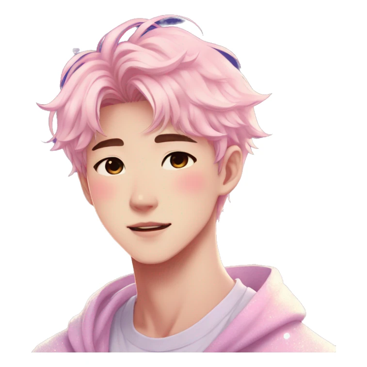 Gorgeous bright sparkly romantic Asian anime pastel guy with blushing face aesthetic trending style outside sticker