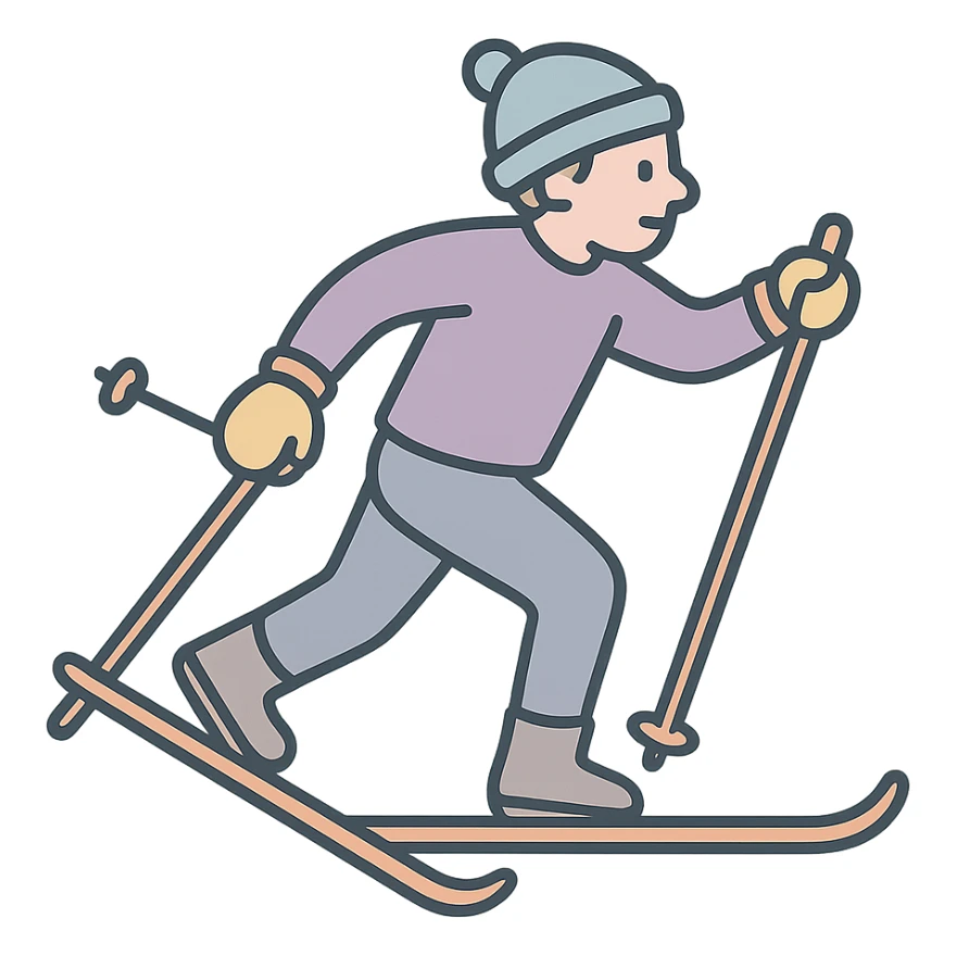 a skier in motion, skating technique on cross-country skis, detailed shading, thin clean outlines, soft rounded features, pastel palette #98B5BC #B5B3C1 #C9A3C9 #E4C0CA #F7DCD1 #F7C0AA, Japanese pop art, sticker look, highly detailed, vector clarity, soft lighting, subtle shadows, transparent background sticker
