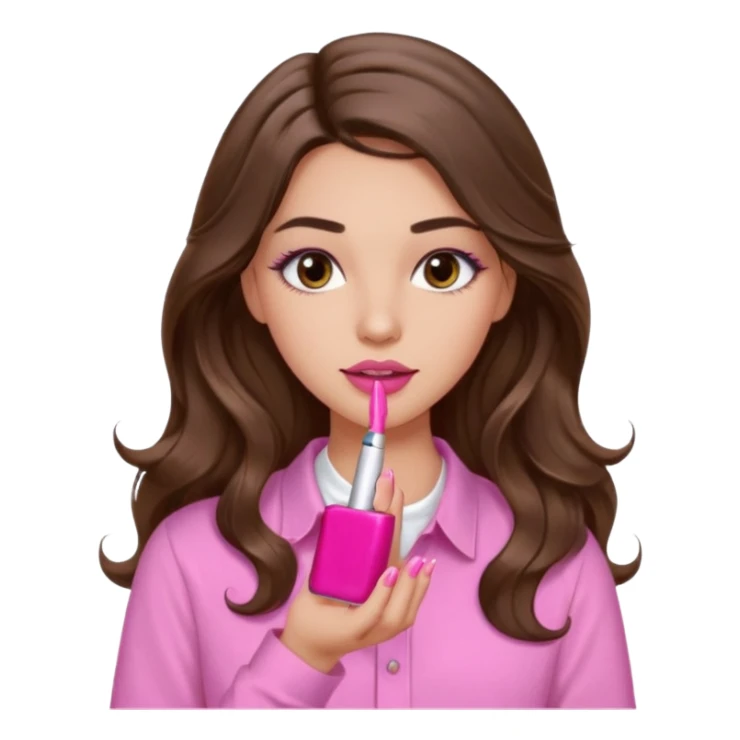 girl with long wavy brown hair, brown eyes, light to medium complexion, in a pink shirt, pink lips, long lashes, puckered lips, showing off painting long nails sticker