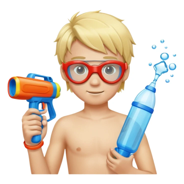 Blond 18 year old boy, wearing swim goggles and holding a water gun sticker