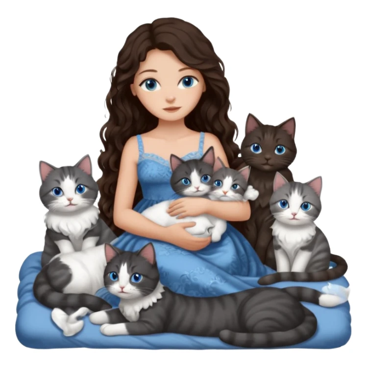 detailed realistic looking a dark grey and white cat regally laying with six other cats, cuddling with their owner in bed who is a pretty bratz lightly tanned white girl with long dark brown hair, blue eyes and gorgeous long wavy hair wearing a pretty detailed dress sticker