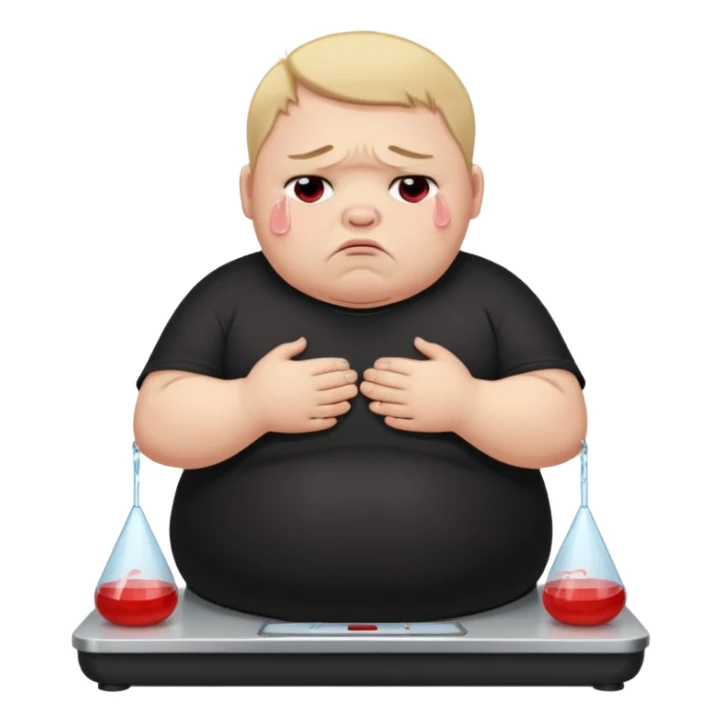 sad fat young boy in black t shirt on weight scale crying with tears on his cheeks sticker