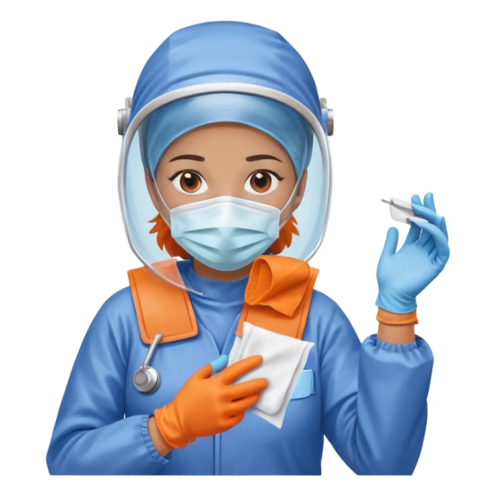 A meticulous cleanroom worker dressed in full protective gear, including a blue sterile suit, a face mask,  and orange gloves.  wipe  in her hand. sticker