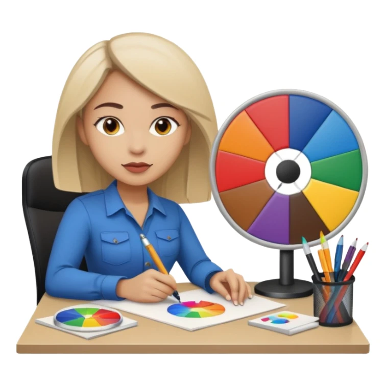female graphic designer , color wheel, pens, papers , desktop sticker
