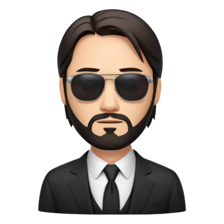 john wick as an apple-style emoji, with sunglasses, stoic face, black suit, beard sticker