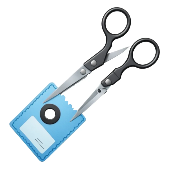 Floating black Scissors cutting a light blue idf ID card in 2 parts .hyper realistic sticker